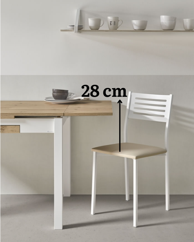 Conjunto de una mesa de cocina y una silla, en la que se explica la distancia que se debe dejar entre el asiento de la silla y la encimera de la mesa (28cm)