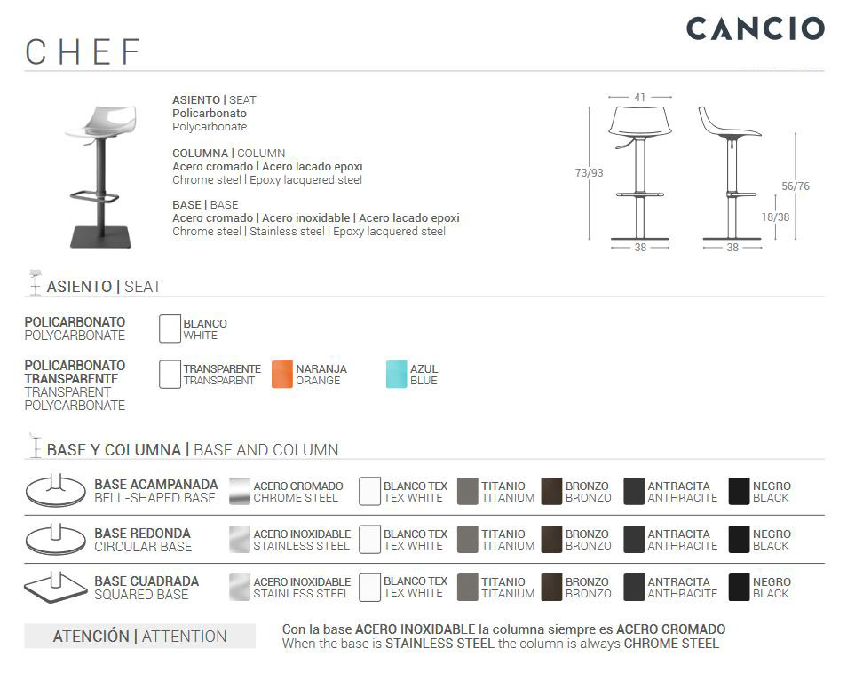 Ficha Técnica del Taburete Chef en la que se proporciona información referente a las distintas bases de este modelo así como sus colores para el asiento.
