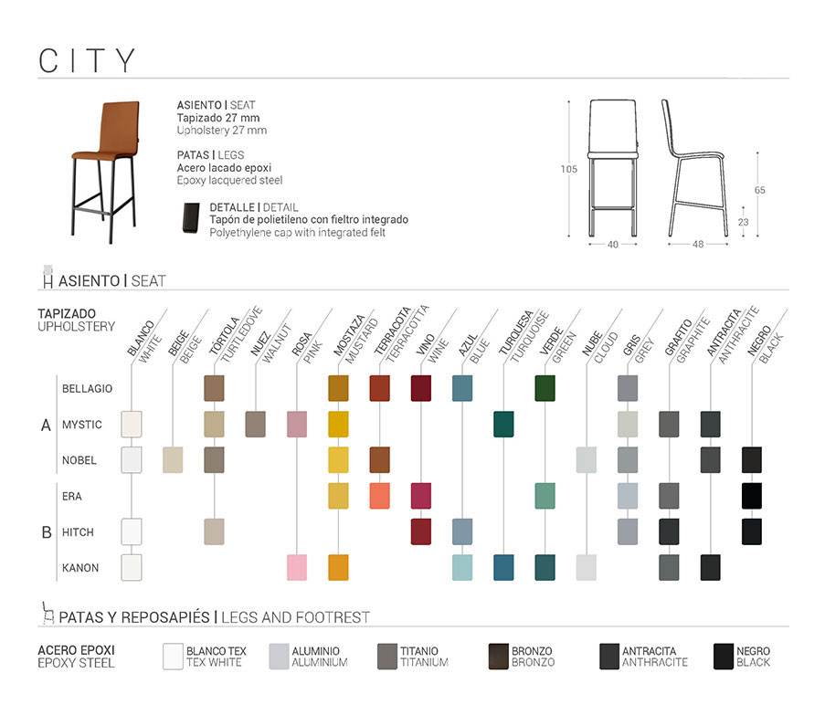 Ficha técnica del Taburete City de Cancio, donde se muestran los diferentes colores de tapizados asi como otros detalles relacionados con la altura del mismo