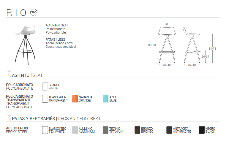 Ficha técnica del Taburete Río en el que se muestran los diferentes colores para el asiento y para las patas del taburete