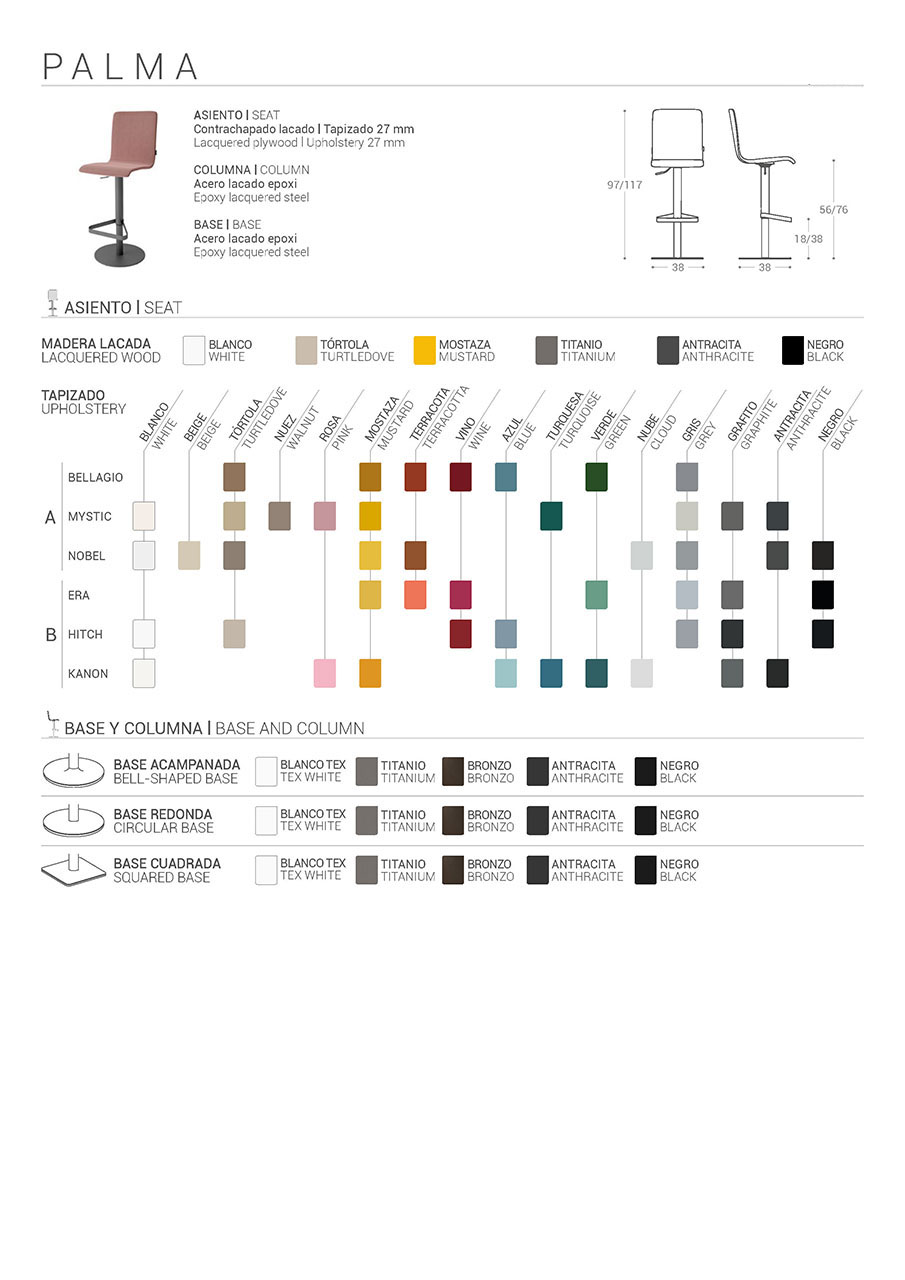 Ficha técnica del Taburete Palma, se detallan los colores disponibles para el asiento de madera lacada y las posibles bases a elegir para este taburete