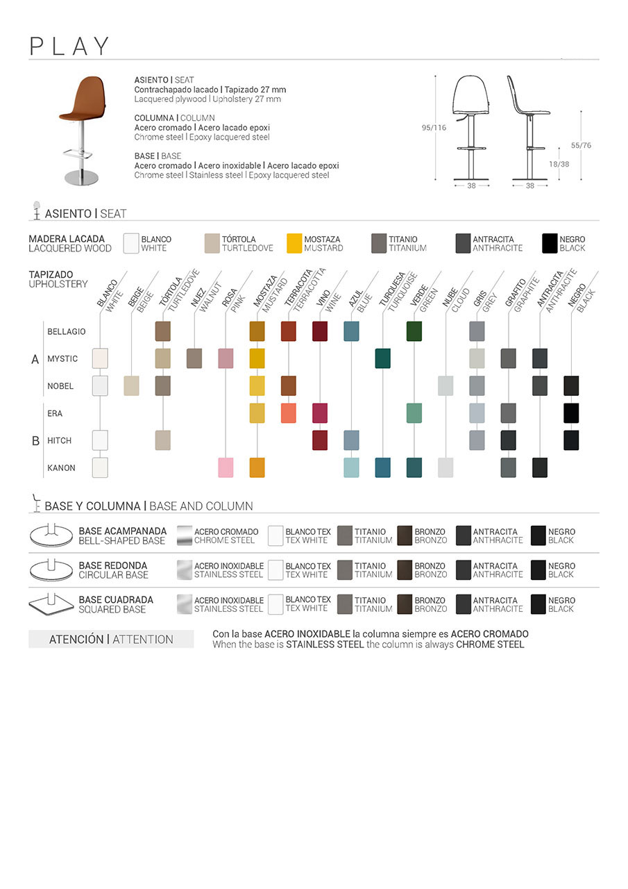 Ficha técnica del Taburete Play, en este detallamos los distintos colores de madera teñida disponible para el asietno y respaldo, además de las 3 bases a elegir en este taburete