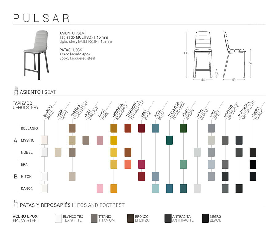 Ficha técnica del Taburete Pulsar, en esta se especifican los diferentes colores a escoger para el asieto tapizado y las patas de acero epoxi