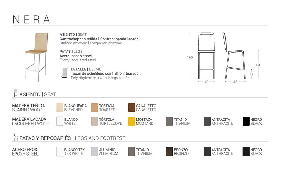 Ficha técnica del Taburete Nera de cocina, en esta se detallan los colores disponibles para el asiento y para las patas de este taburete