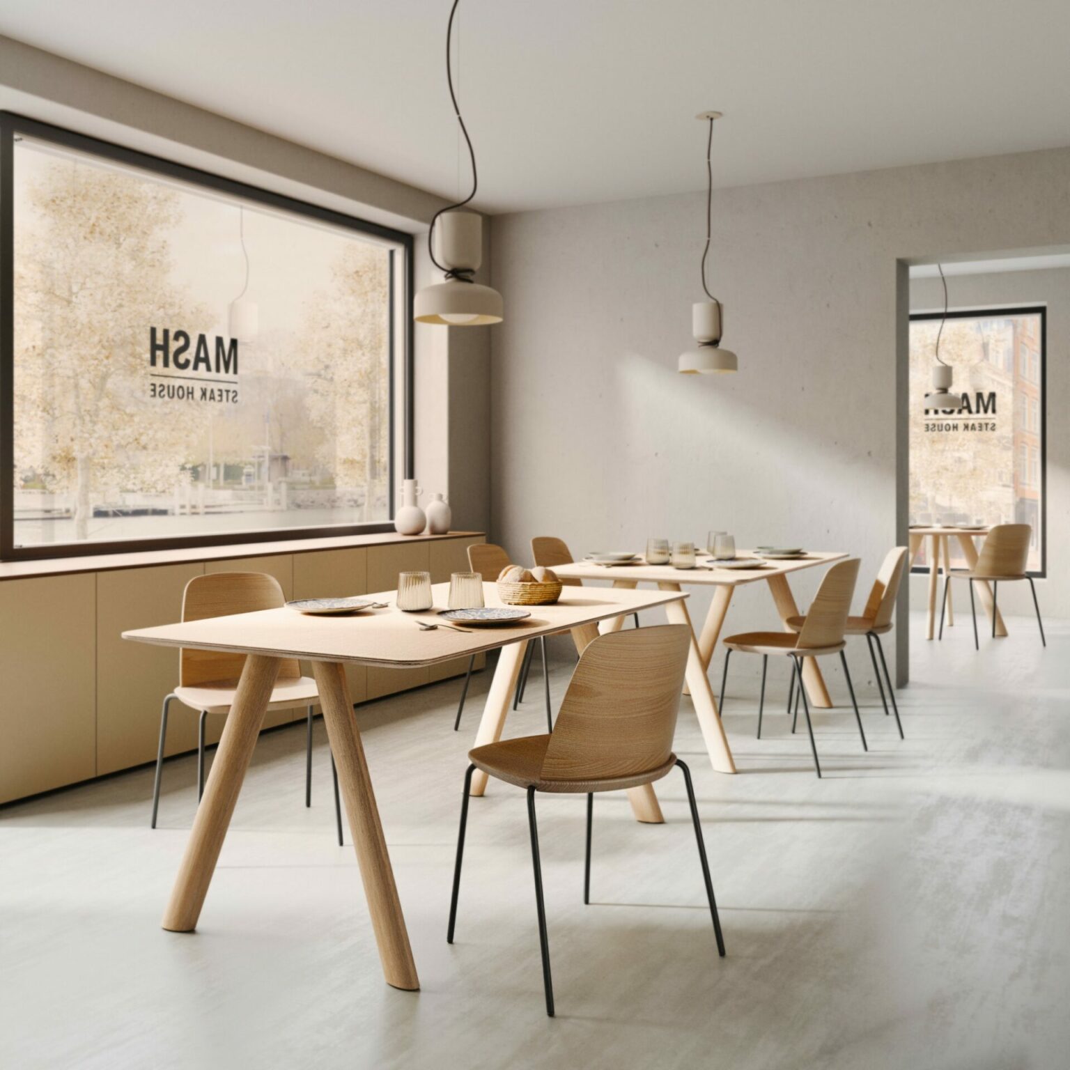 Mesas Alcor en un proyecto contract de cafetería con estilo nórdico