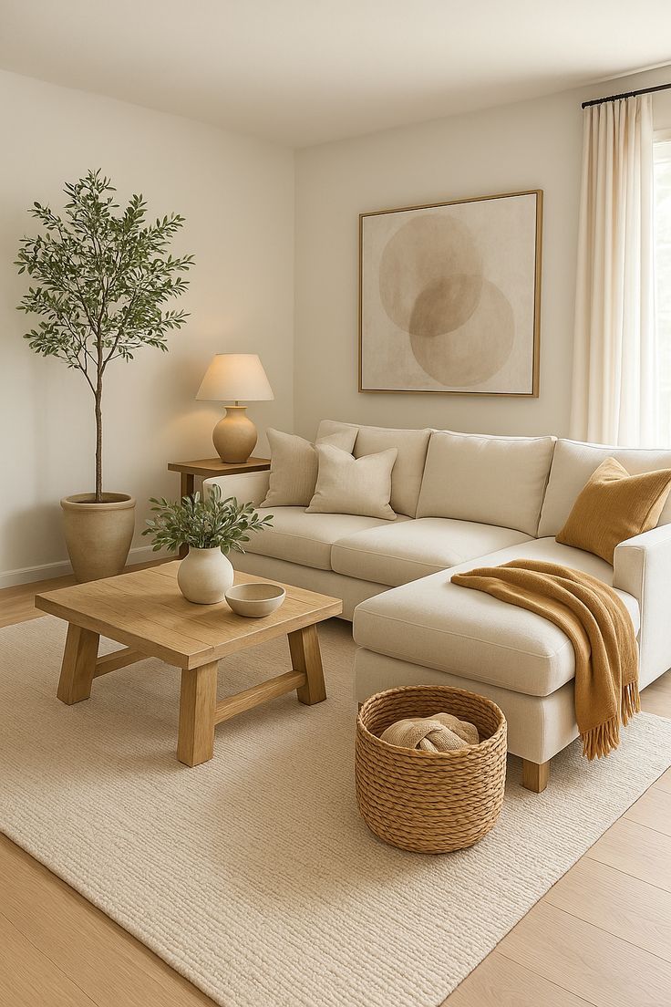 Salón decorado en estilo nórdico, con mesita de centro en madera y sofá chaise longue.