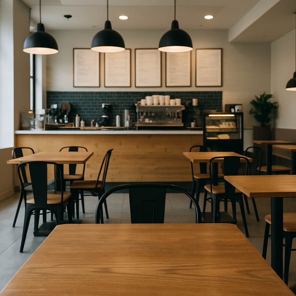 Cafetería de estilo industrial en la que se combina las sillas y mesas con una iluminación acorde
