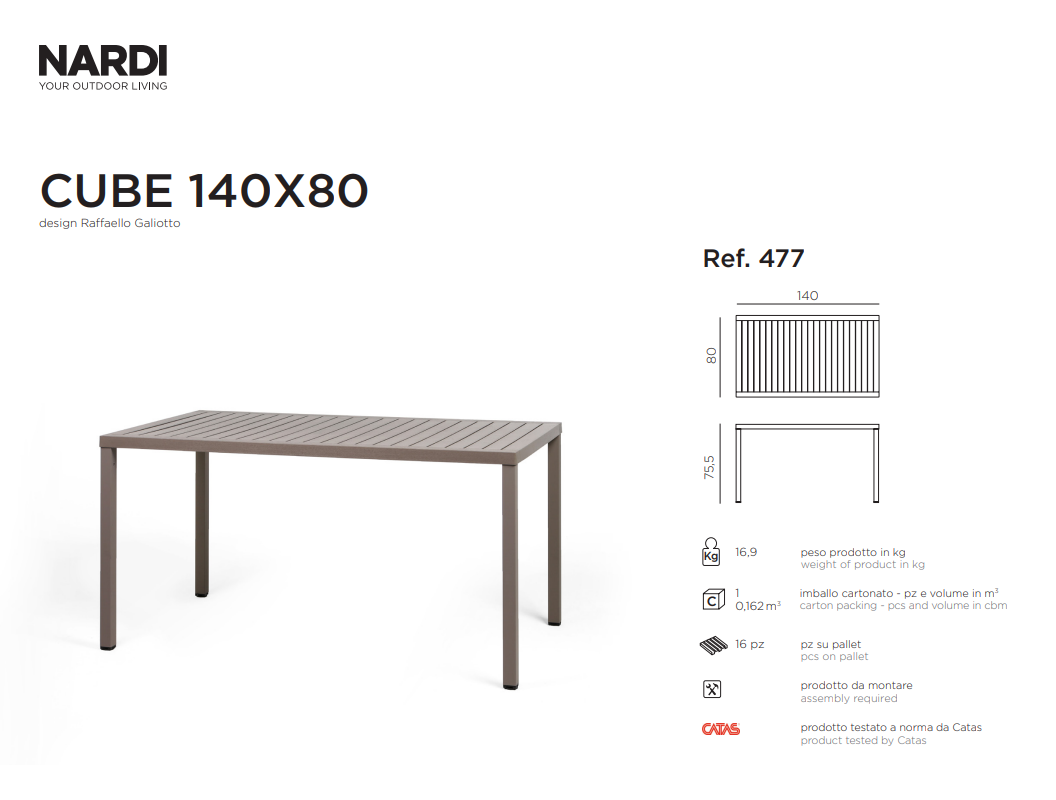 Ficha técnica de la mesa Cube 140 de Nardi
