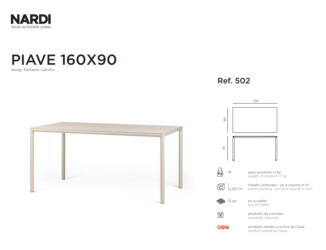 Ficha técnica de la Mesa Piave en medidas de 160 de Nardi