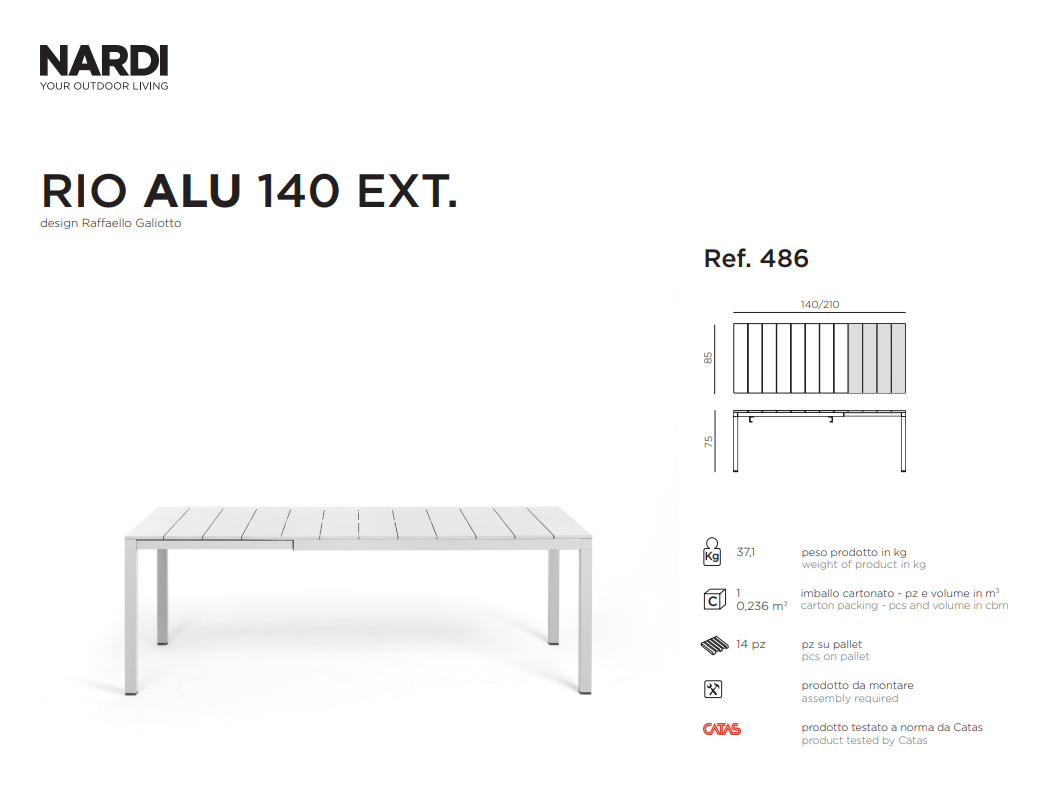 Ficha técnica de la Mesa Río Aluminio en medida de 140 de Nardi