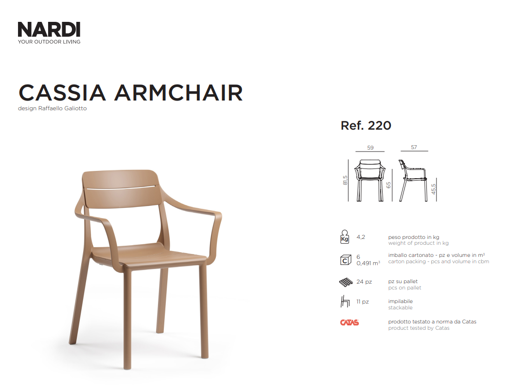 Ficha técnica del modelo de silla Nardi Cassi Armchair
