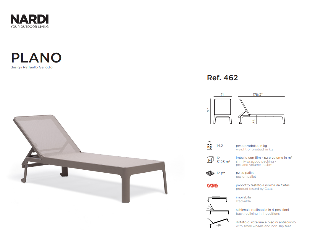 Ficha técnica de la Tumbona Plano de Nardi, novedad de su catálogo outdoor 2026