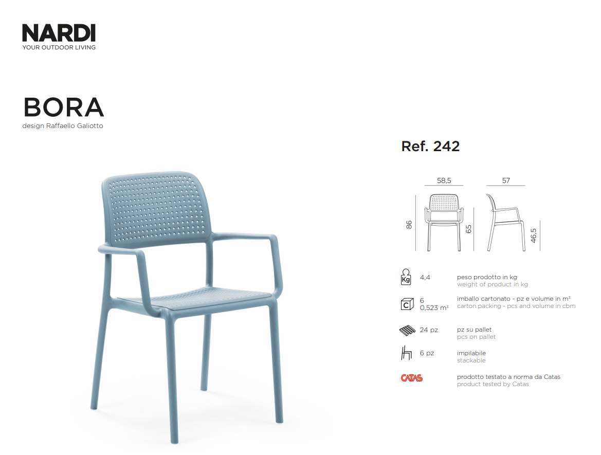 Ficha técnica de la Silla Bora con reposabrazos de Nardi