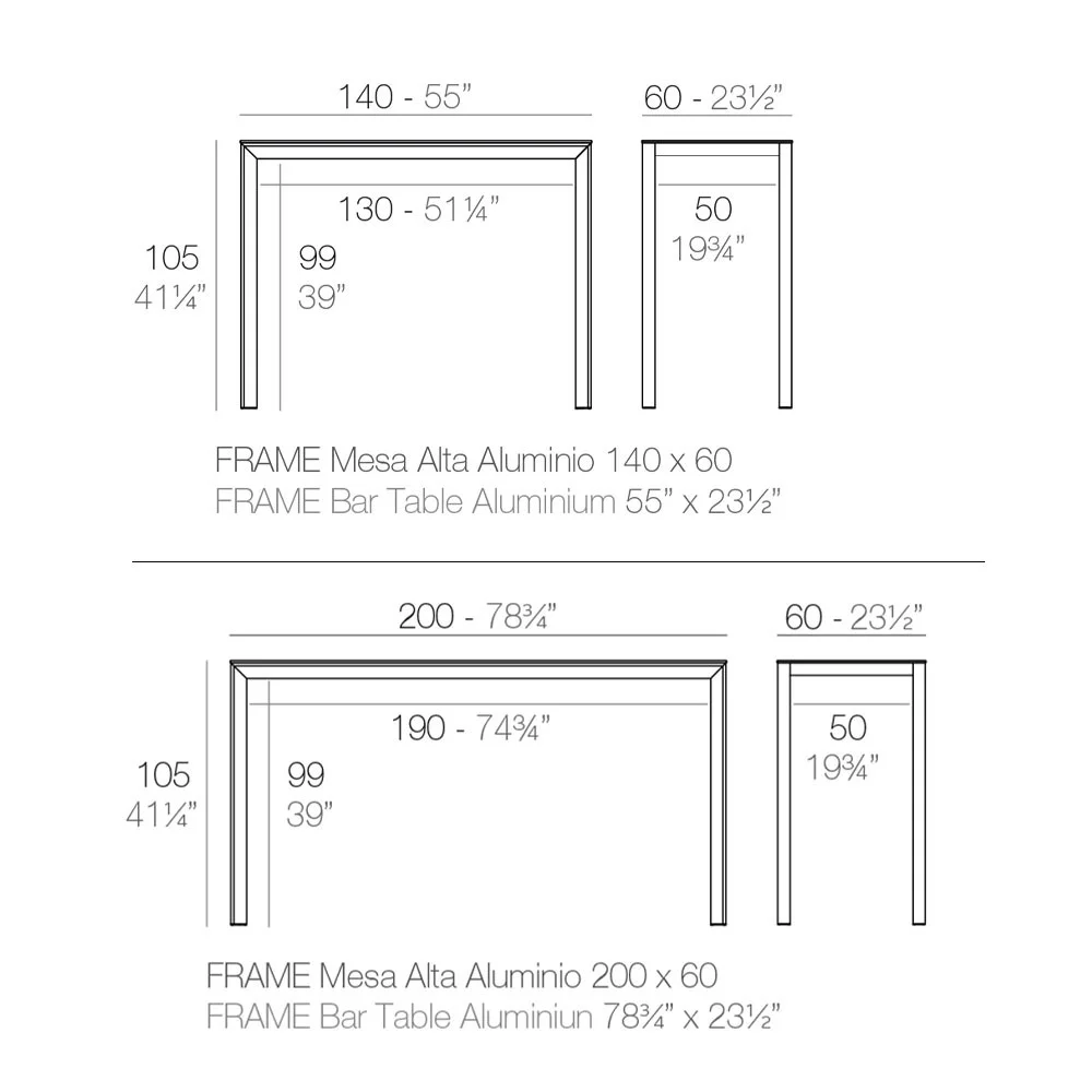 Ficha técnica de la Mesa Alta Frame de Vondom