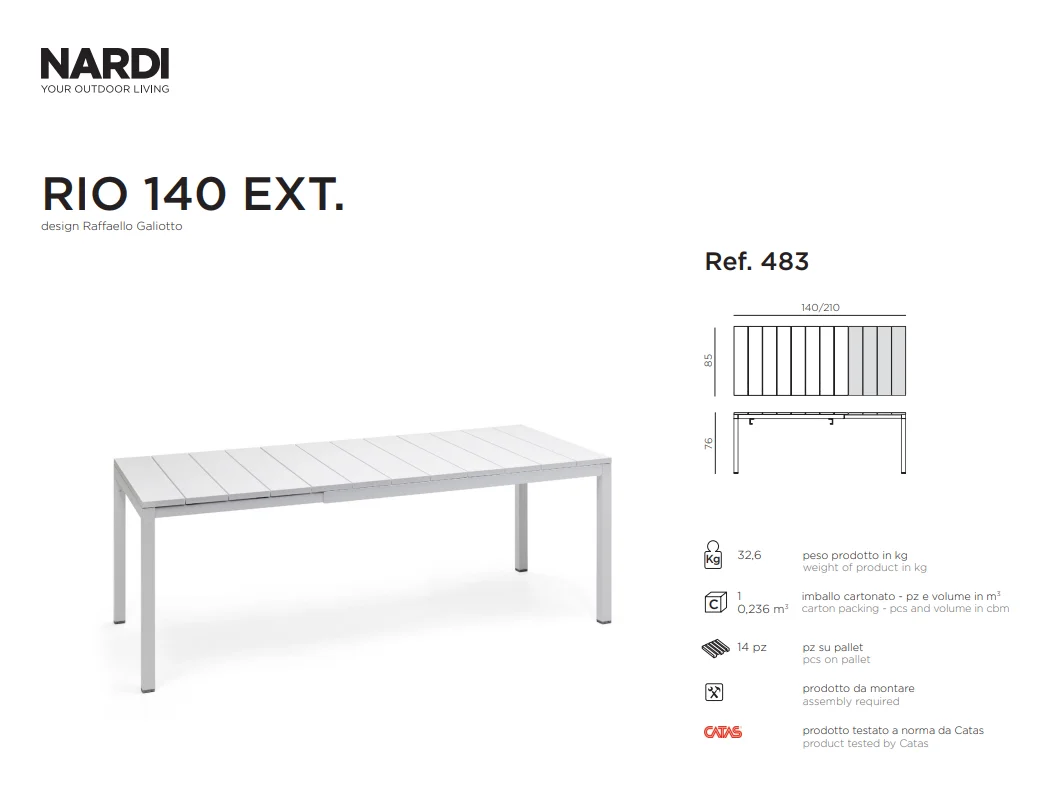 Ficha técnica de la Mesa Extenisble Río 140 de Nardi