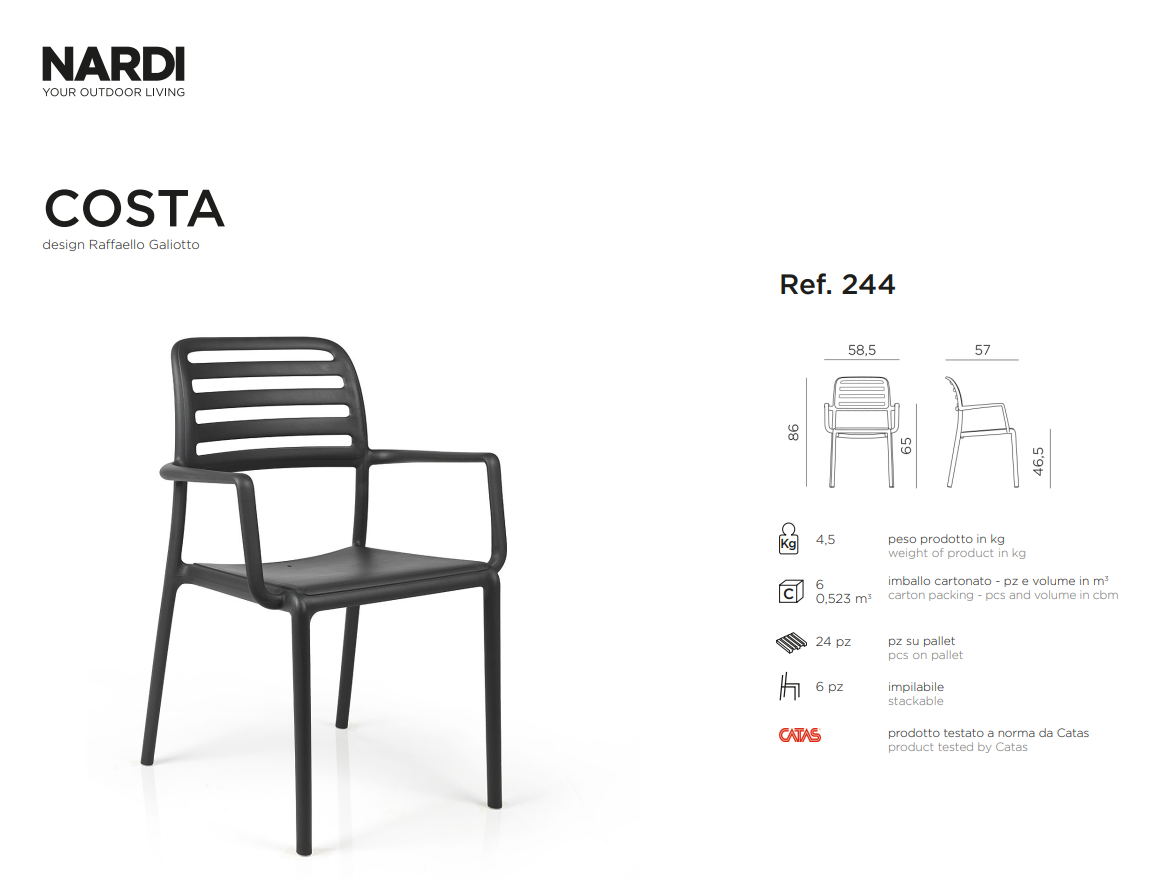 Ficha técnica de la Silla Costa con reposabrazos de Nardi