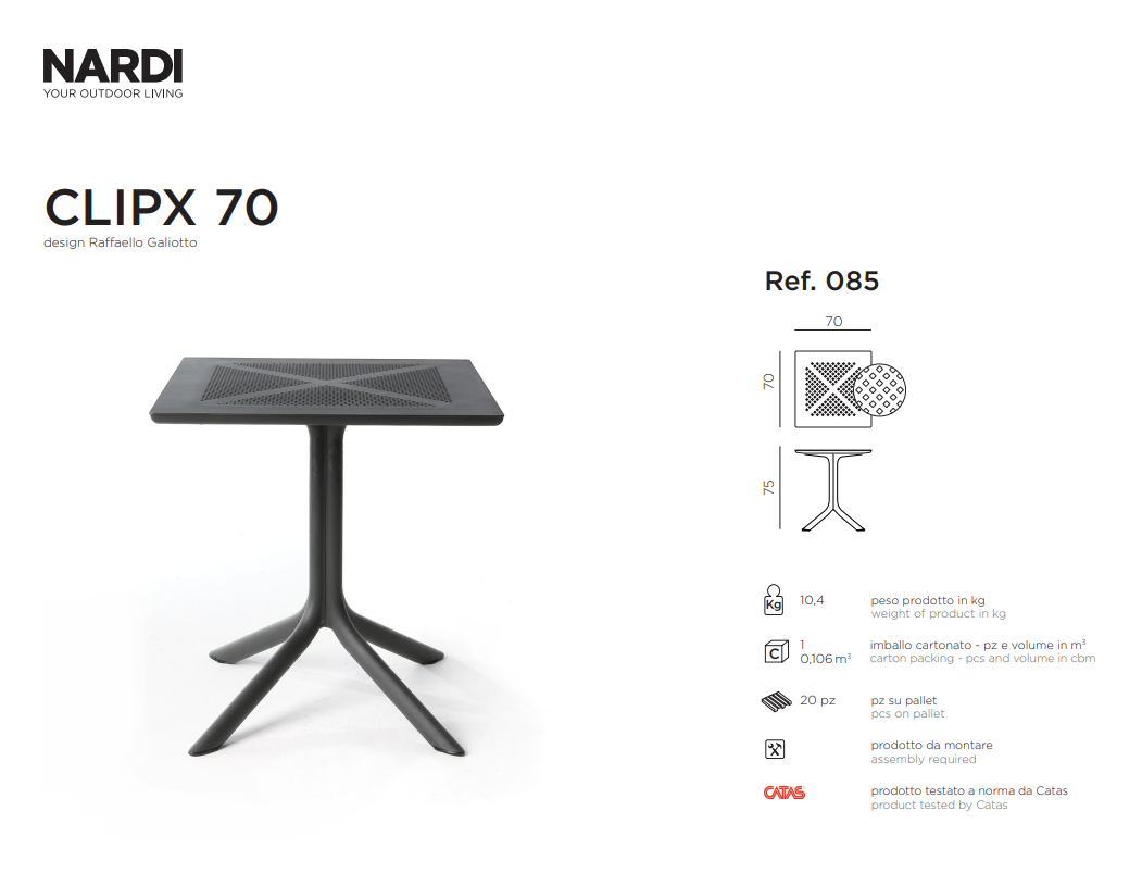Ficha técnica de la Mesa Clipx 70 de Nardi