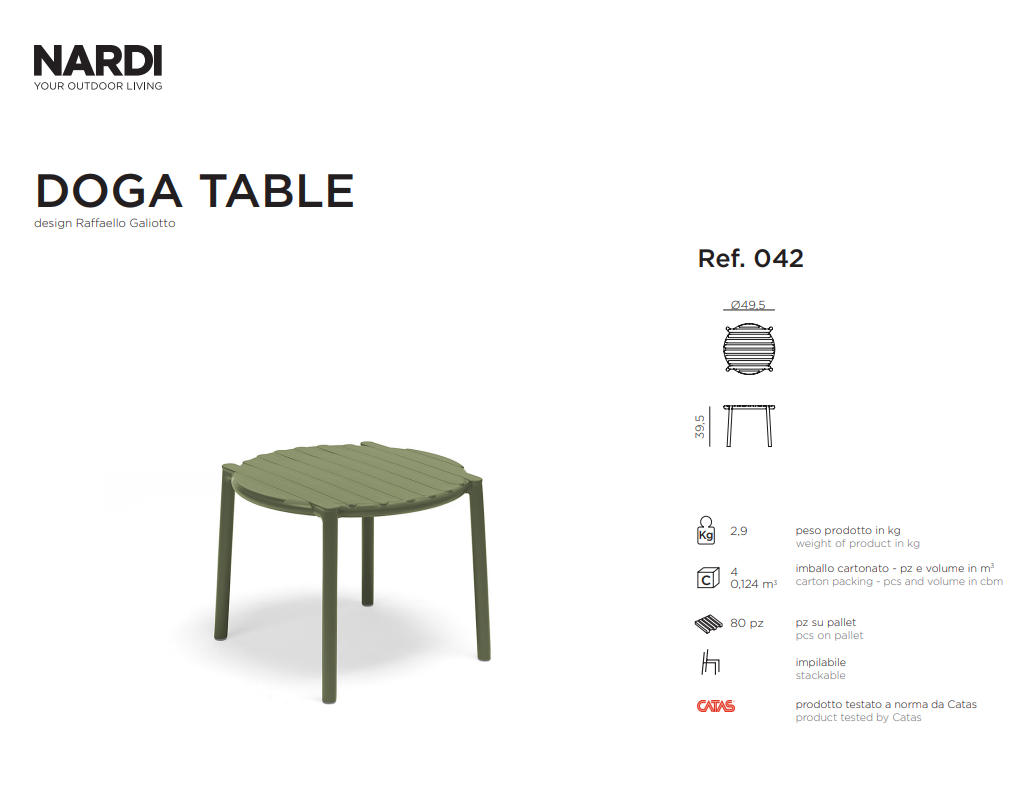 Ficha técnica de la mesa Doga de Nardi. Una mesa baja para exterior de polipropileno