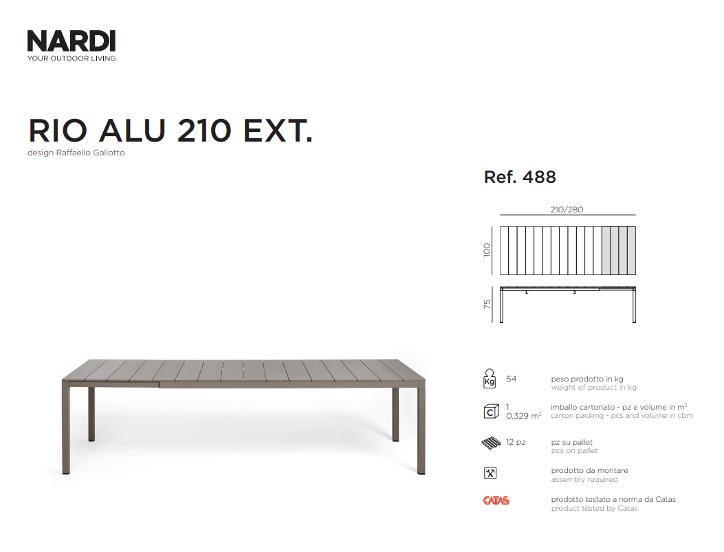 Ficha técnica de la Mesa Rio Aluminio en medida 210 de Nardi