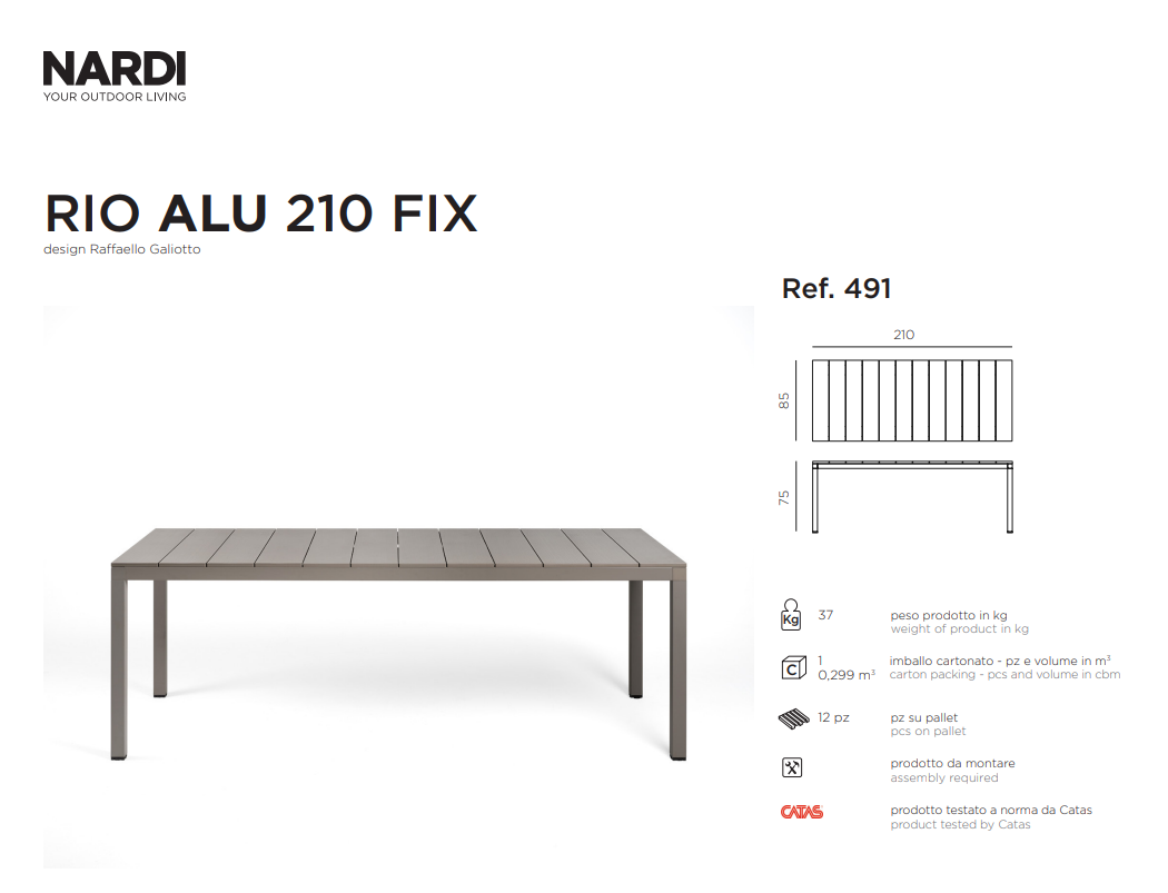 Ficha técnica de la Mesa Río Fix en medidas de 210cm de la firma Nardi