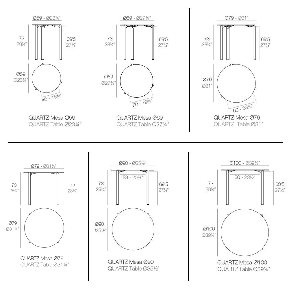Ficha técnica con las diferentes medidas de la Mesa Vondom Quartz Redonda