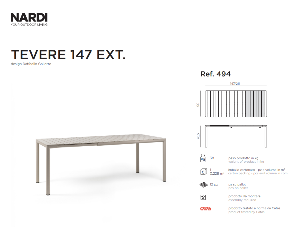 Ficha técnica de la Mesa para exterior Tevere 147 de Nardi